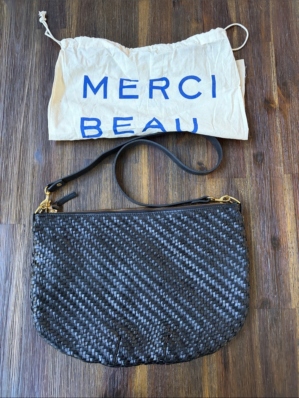 Clare V Moyen Messenger Woven Zig Zag Bag Black